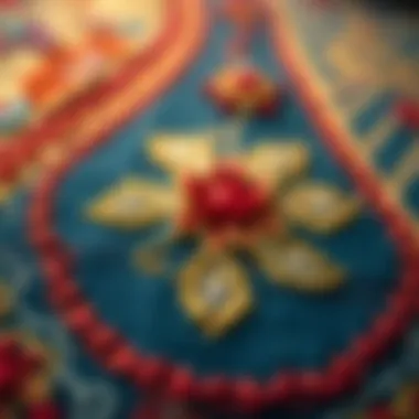 Intricate embroidery design on a vibrant fabric showcasing traditional techniques