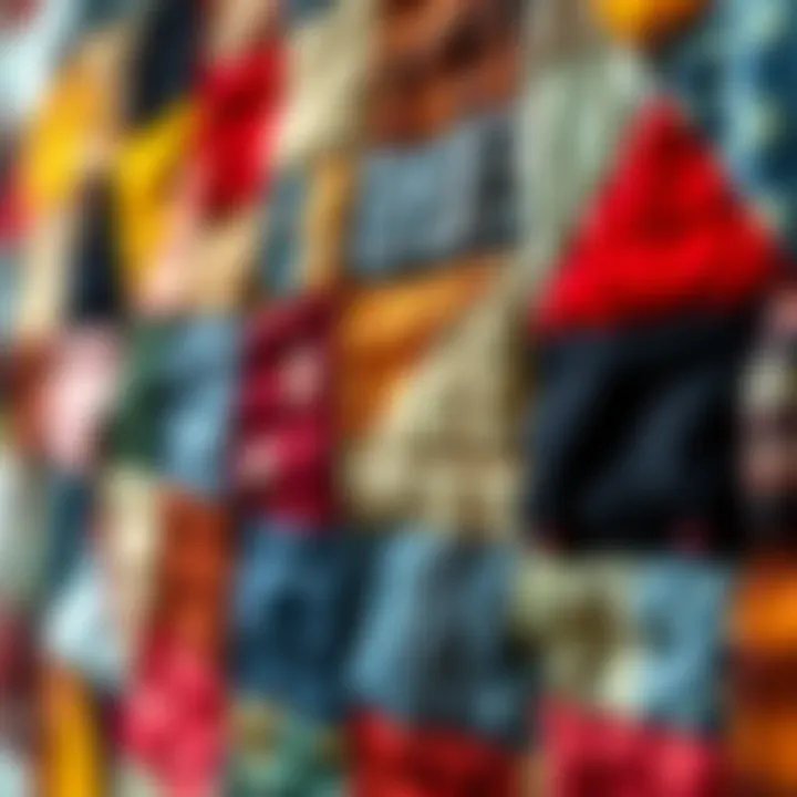 A close-up view of a patchwork quilt made from reclaimed fabrics, emphasizing sustainability