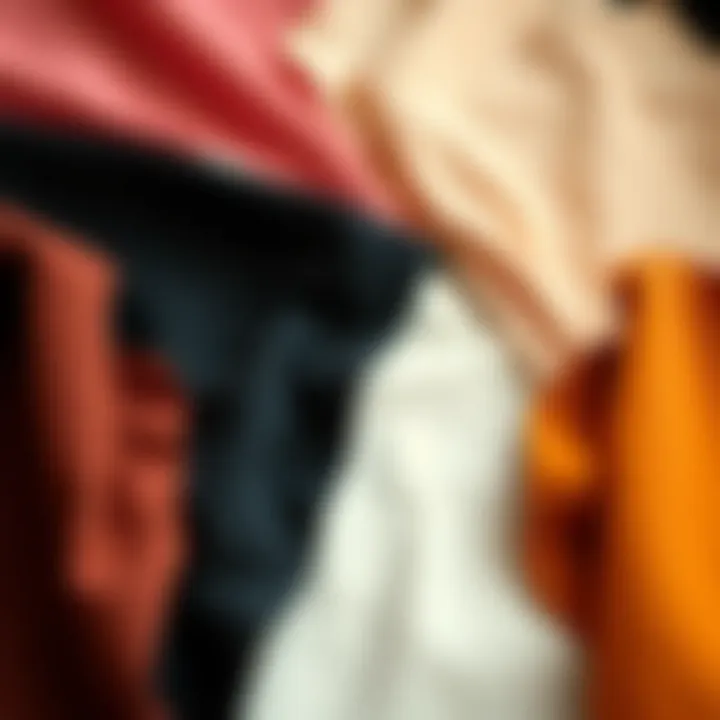 A flat lay of different fabric swatches used for asymmetrical collar dresses, emphasizing design variety.
