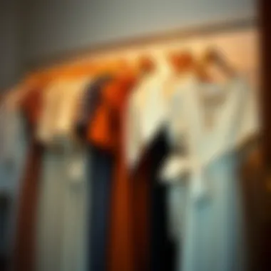 A stylishly arranged wardrobe featuring various asymmetrical collar dresses, illustrating styling options.