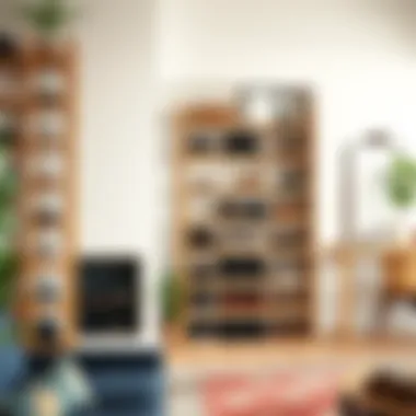 Various design variations of bamboo shoe shelves in a bright, stylish interior space.