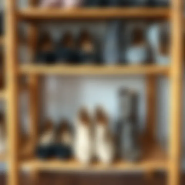 A collection of stylish shoes neatly arranged on a bamboo shoe shelf, demonstrating functionality.