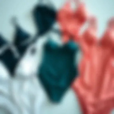 Different types of beach suits laid out in an artistic arrangement