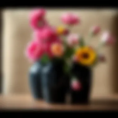 Innovative arrangement of flowers in black plastic vases