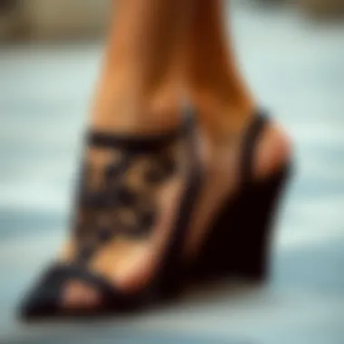 Intricate Design of Black Pointed Toe Wedges An elegant display of black pointed toe wedges showcasing intricate design.