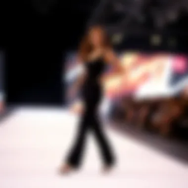 Fashion runway featuring a model in a chic black jumpsuit