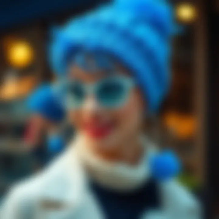 Styled outfit incorporating blue and silver pom poms as accessories