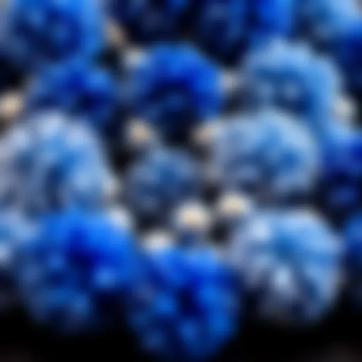 A vibrant display of blue and silver pom poms arranged artistically