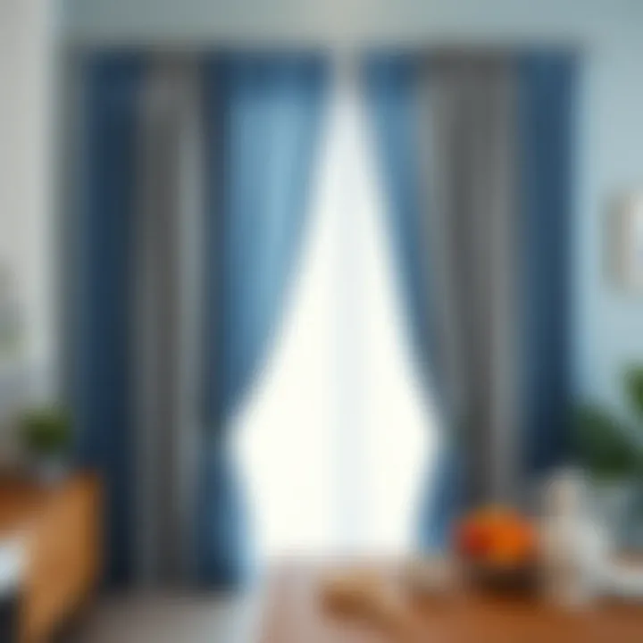 Harmonious blend of blue and grey curtains in a cozy kitchen setting.