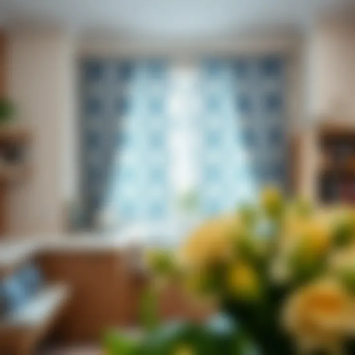 Stylish blue and grey patterned curtains complementing kitchen aesthetics.