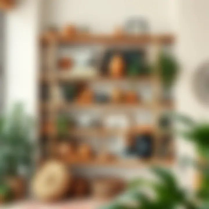 An inviting bohemian shelf arrangement with diverse textures and layers.