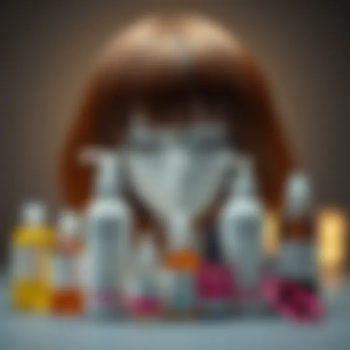 Essential care products arranged beside a brown bob wig with bangs