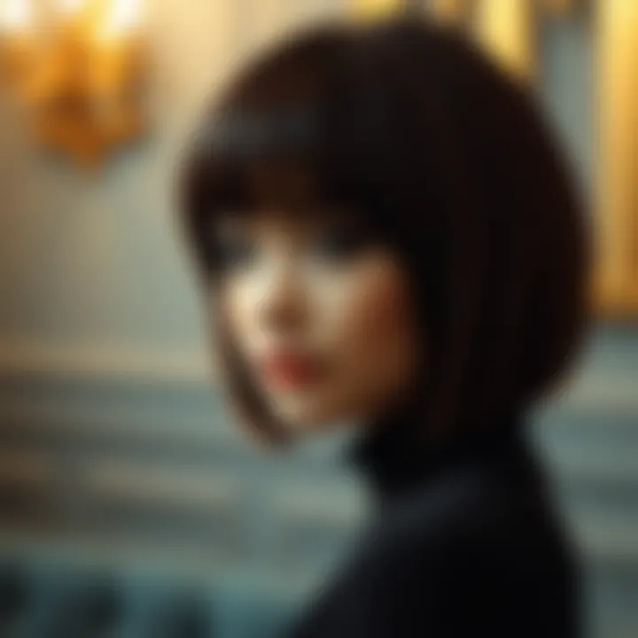 Stylish brown bob wig with bangs showcased in an elegant setting