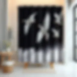 Elegantly designed crane shower curtain in an artistic bathroom setting
