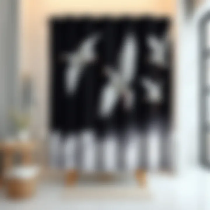 Elegantly designed crane shower curtain in an artistic bathroom setting
