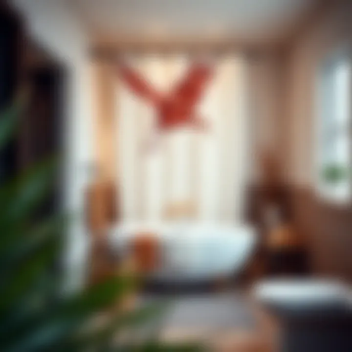 Stylish bathroom featuring a crane shower curtain alongside modern decor elements