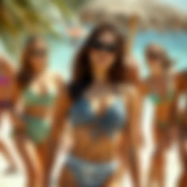 A vibrant beach scene with models wearing various stylish bikini tops