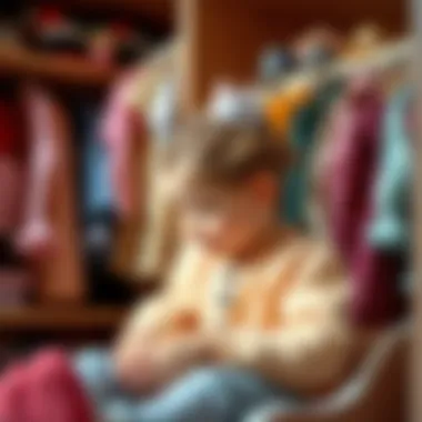 A child engaging creatively with a dolls' clothes closet.