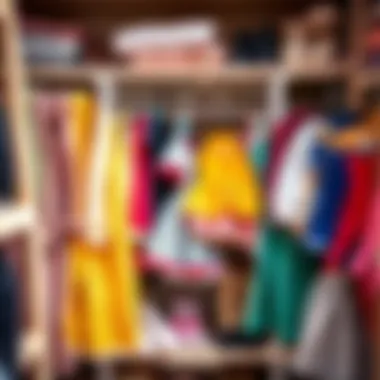 An organized dolls' clothes closet showcasing different fabric types.