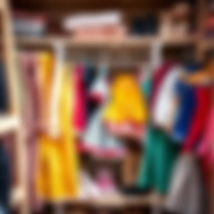 An organized dolls' clothes closet showcasing different fabric types.