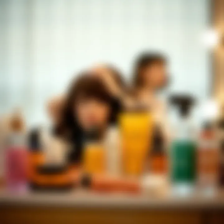 Care products for maintaining synthetic wigs organized on a vanity