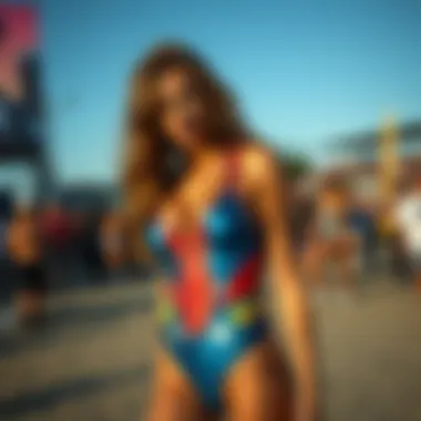 Vibrant bodysuit designs displayed at a music festival