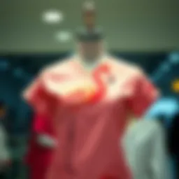A vibrant flamingo scrub top displayed on a mannequin showcasing its stylish design.