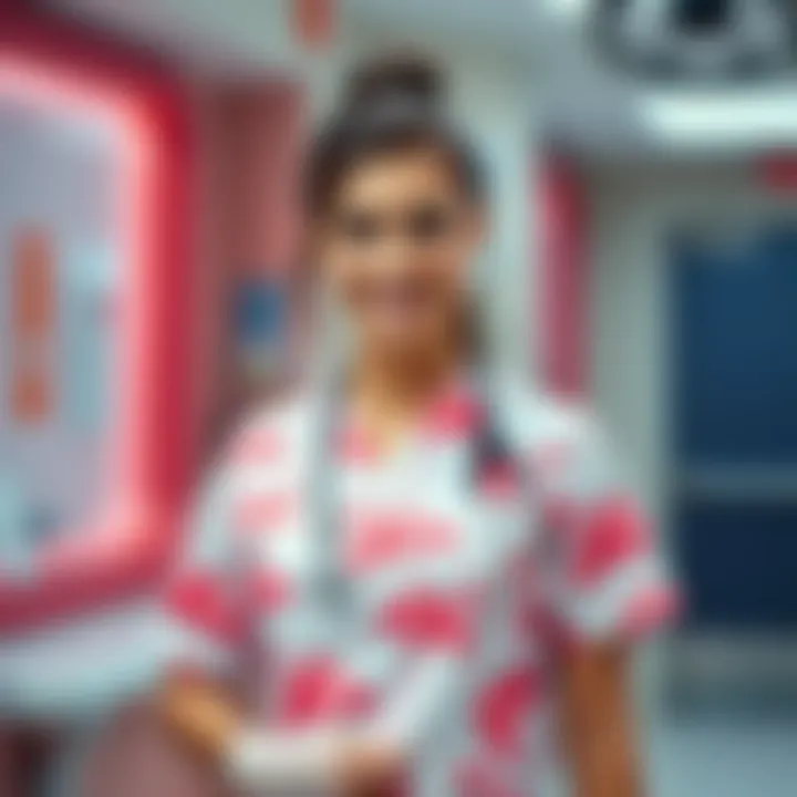 Functionality in Action: Flamingo Scrub Top A nurse wearing a flamingo scrub top in a hospital setting demonstrating its functionality.