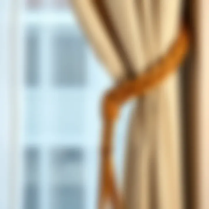 Close-up of decorative wooden tie backs enhancing window drapery