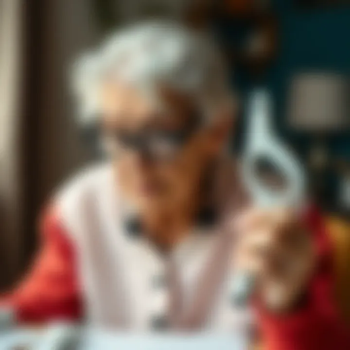 A senior demonstrating the use of a dressing aid tool