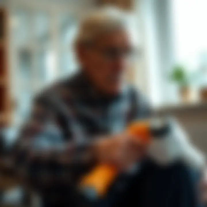 A senior using a long reach grabber to pick up items