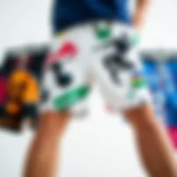 Vibrant graphic shorts displayed against a minimalist backdrop showcasing style diversity.