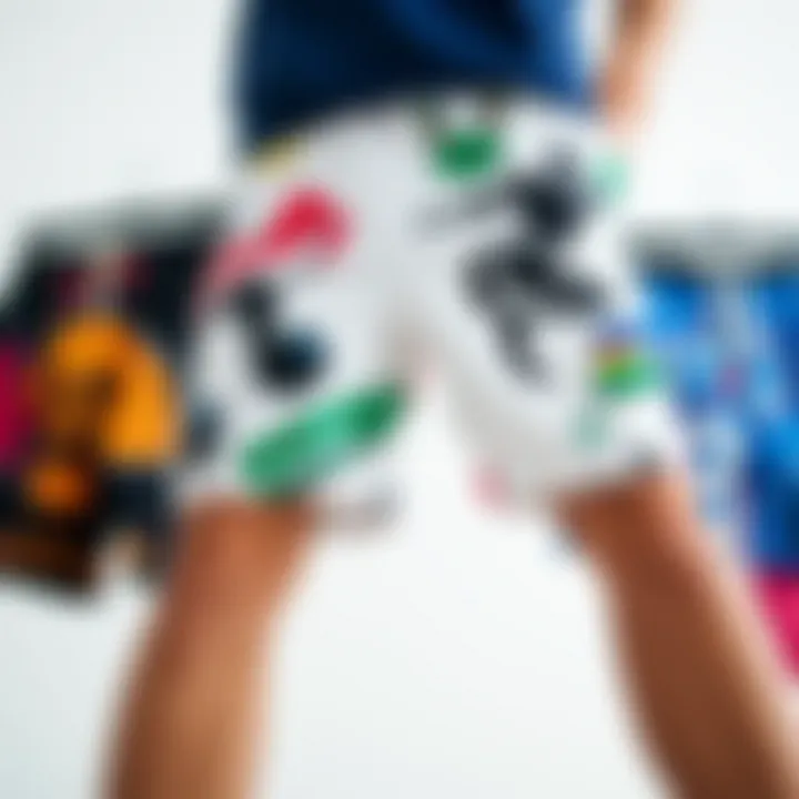 Diversity in Graphic Shorts Styles Vibrant graphic shorts displayed against a minimalist backdrop showcasing style diversity.