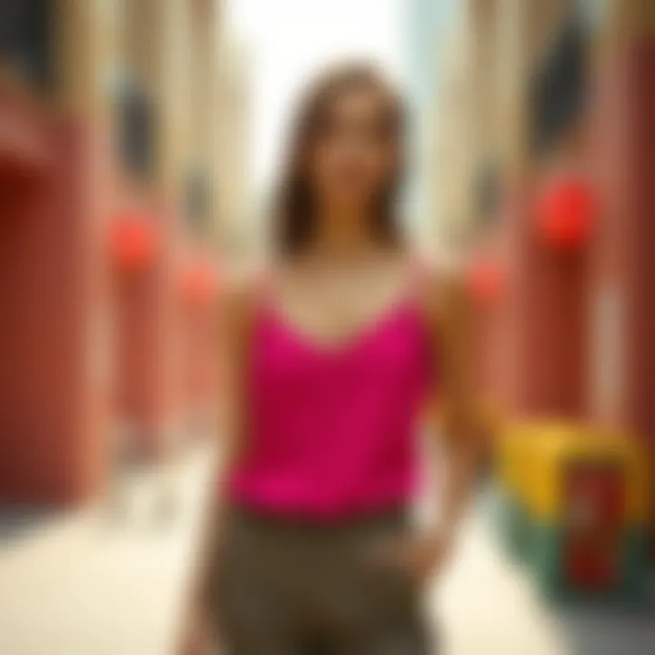 Fashion-forward outfit featuring a hot pink camisole