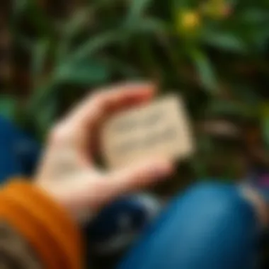 A close-up of hands holding an affirmation card with a positive message, surrounded by nature