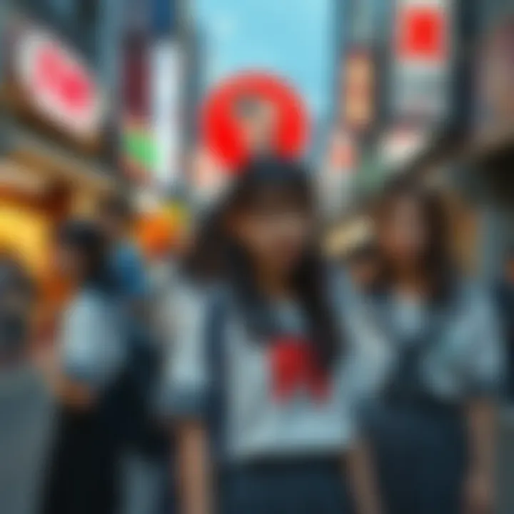 A vibrant street scene depicting students in schoolgirl uniforms, illustrating their place in modern culture.