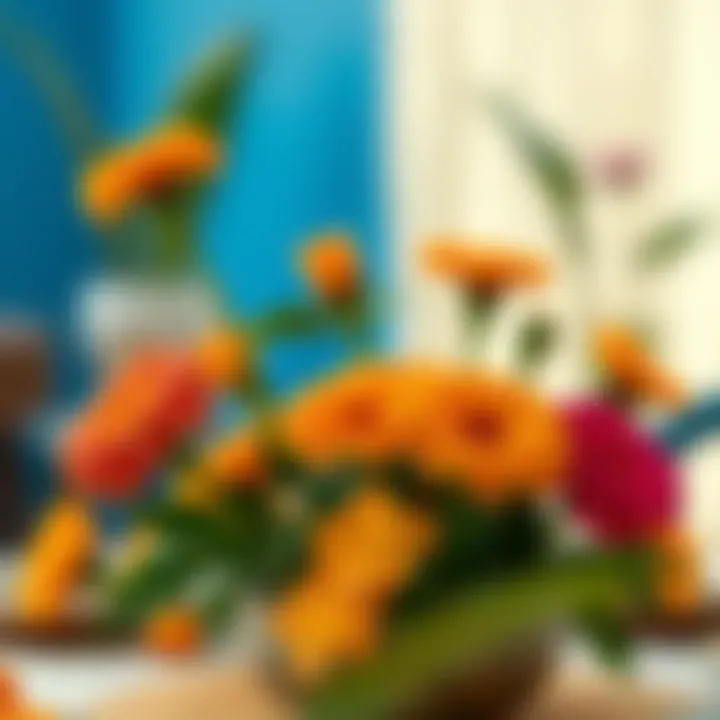 Floral arrangements featuring marigolds and cempasúchil flowers in a centerpiece