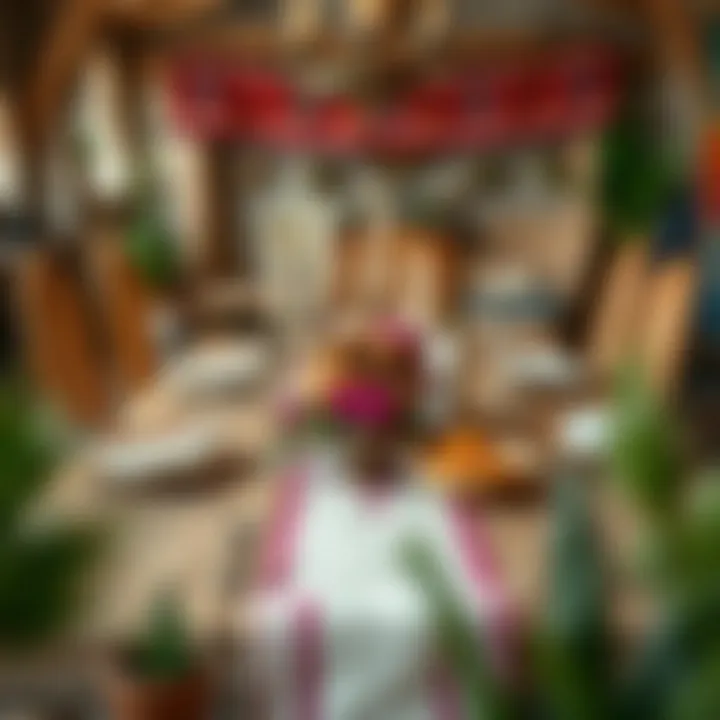 A rustic wooden table adorned with Mexican textiles and decorative elements