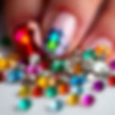 A close-up view of colorful nail rhinestones arranged artfully