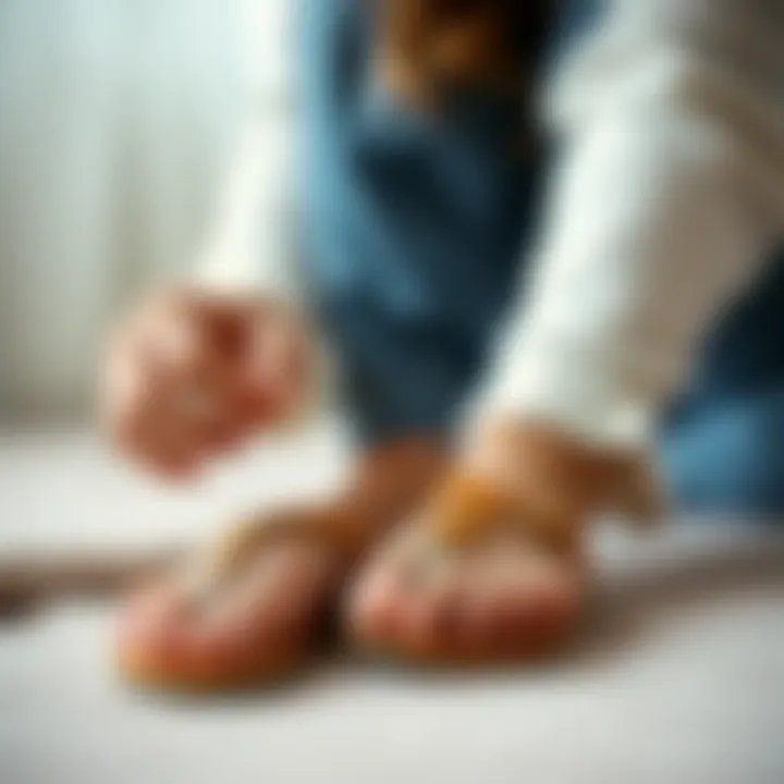 Fitting Newborn Barefoot Sandals A parent examining the fit and size of newborn barefoot sandals on a soft surface.