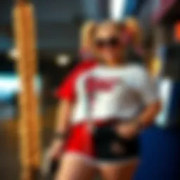 A chic display of plus size Harley Quinn shorts styled with a graphic tee and vibrant accessories.