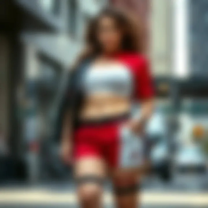A model confidently showcasing plus size Harley Quinn shorts in an urban setting, emphasizing style and comfort.
