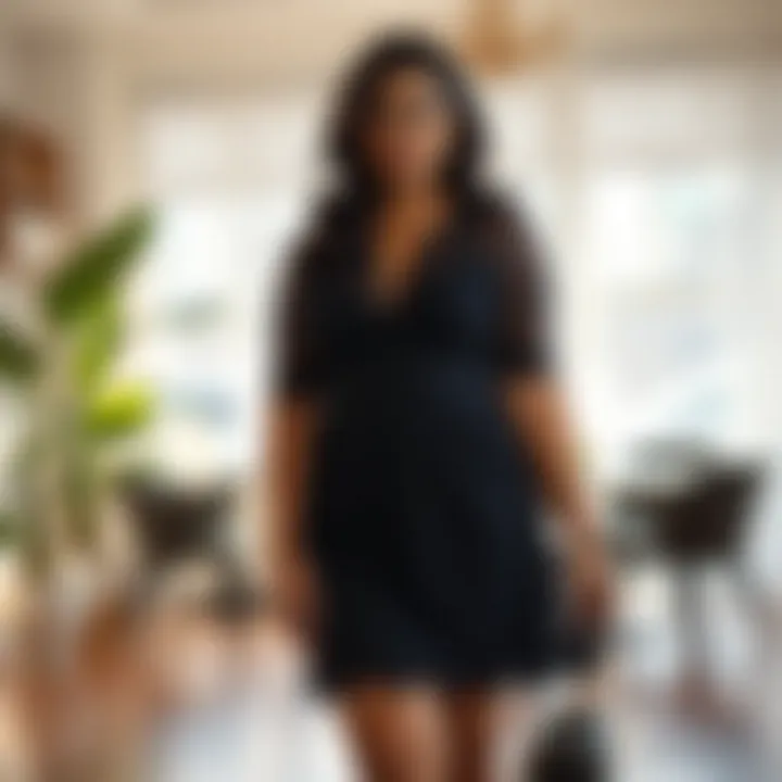 Stylish plus size lace overlay dress showcased in a chic setting