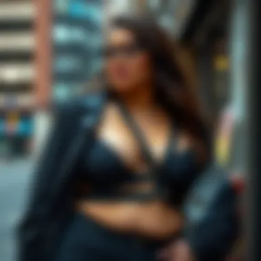 Stylish plus size model confidently wearing a harness outfit in urban setting