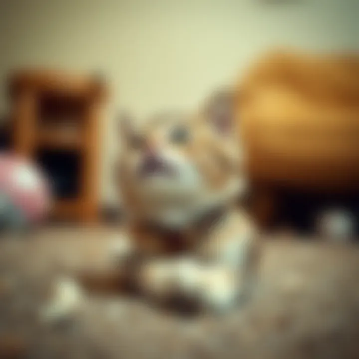 Cat wearing a scratch resistant collar in a playful setting