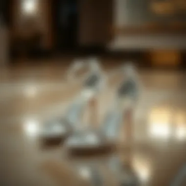 Elegant strappy silver heels on a reflective surface