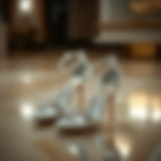 Elegant strappy silver heels on a reflective surface