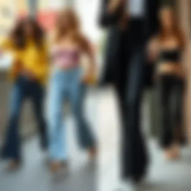 A collage showcasing various trends in stretchy bell bottoms