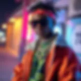 Vibrant 80s rap outfit showcasing bold colors and patterns