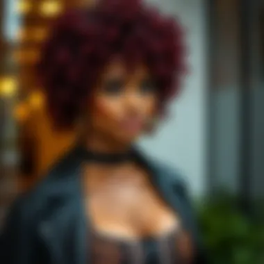 A fashionable outfit complemented by a burgundy curly wig